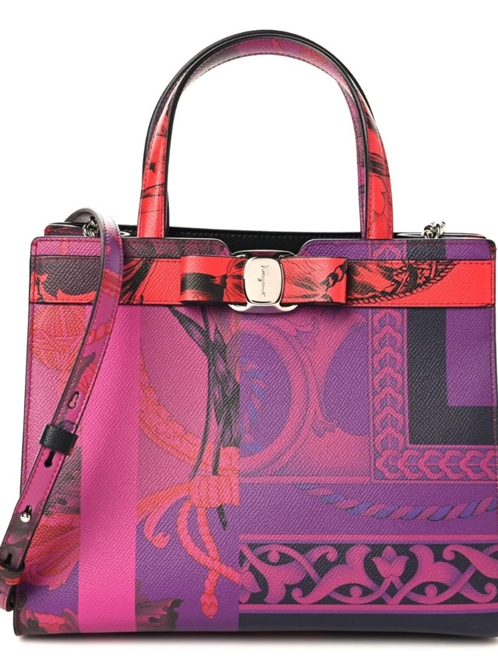 Salvatore Ferragamo Pink & Red Printed Leather Satchel with Bow Detail